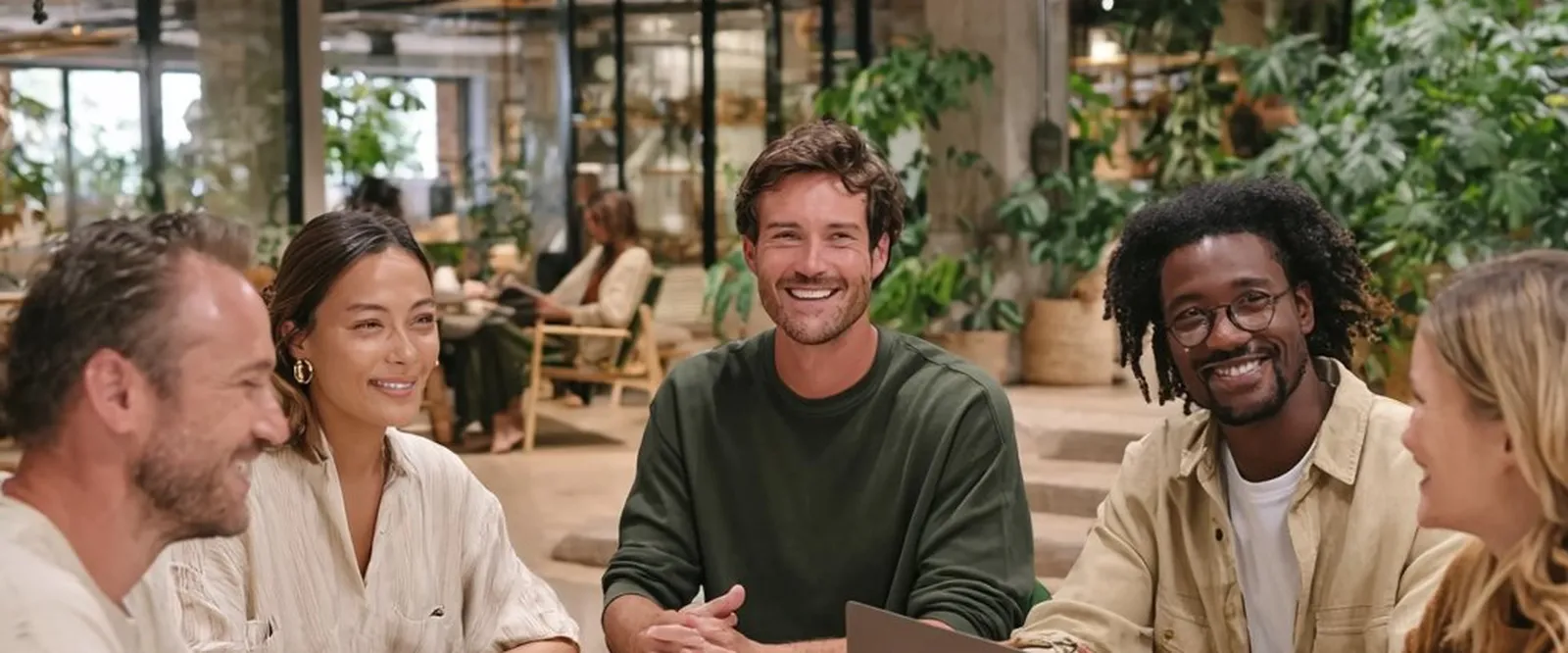 Colleagues talking around a table in a green office