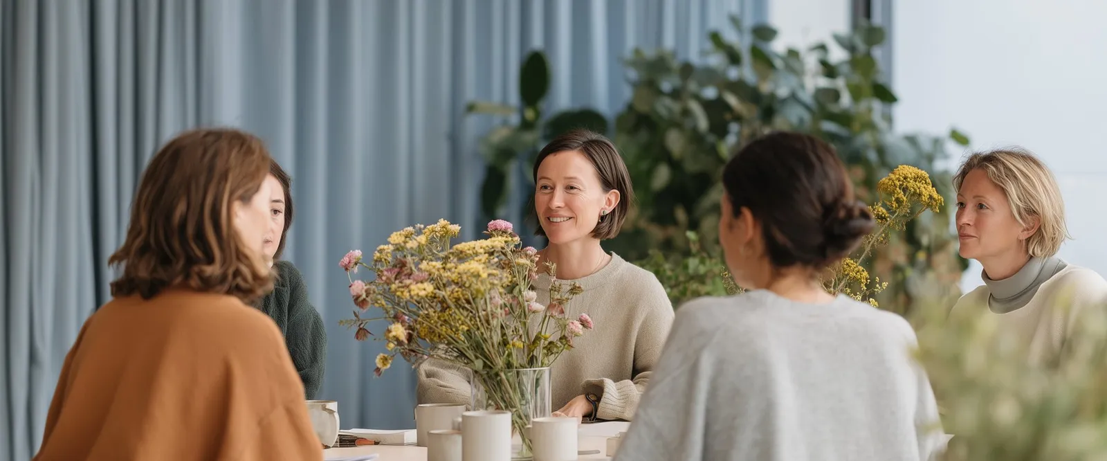 Kvinnor samtalar runt ett runt bord med vildblommor och kaffekoppar
