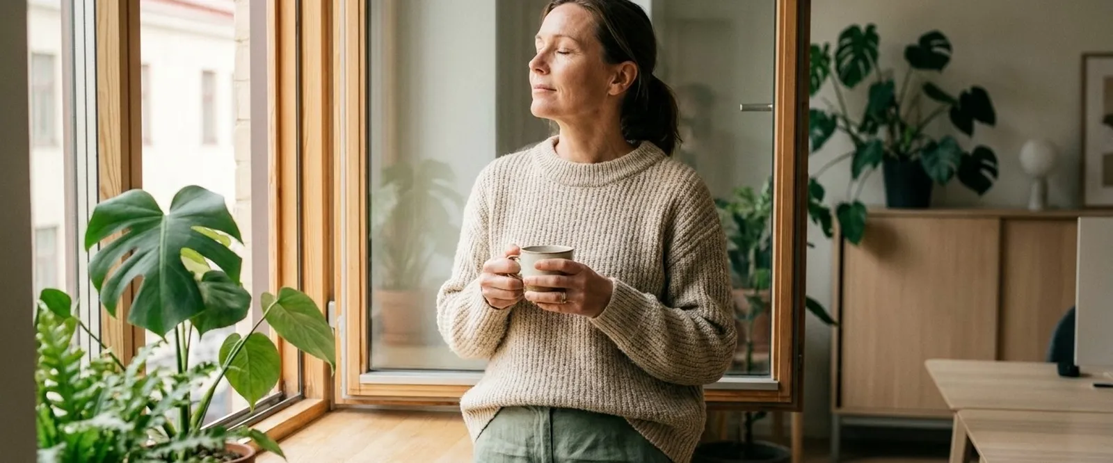 A woman taking a calm break by the window with a cup of tea