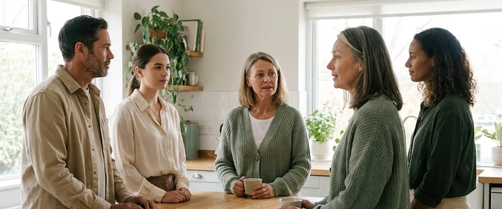 Personal inom vården har ett kort morgonmöte runt köksbänken