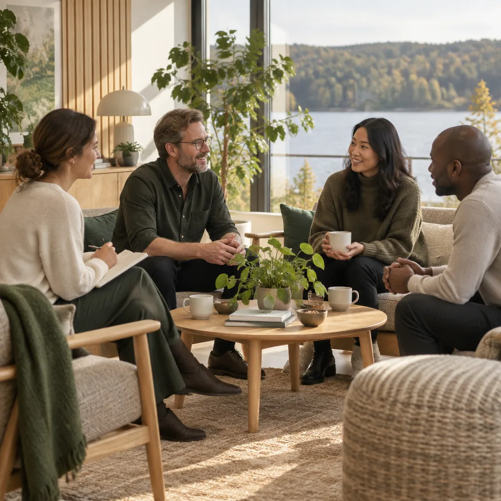 Colleagues in a calm meeting by a window overlooking water