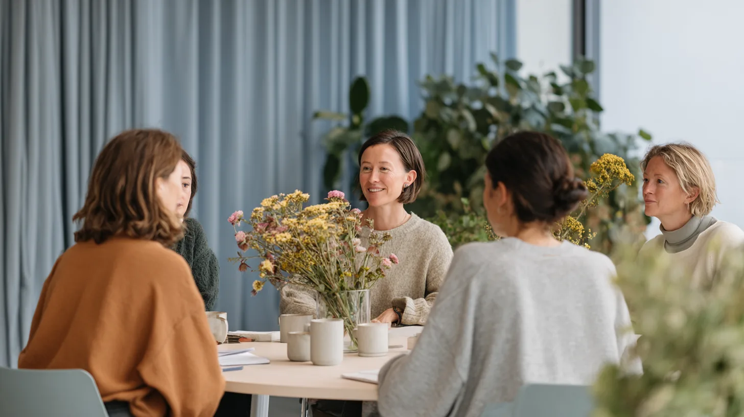 Four women talking around a table with flowers in a bright workplace