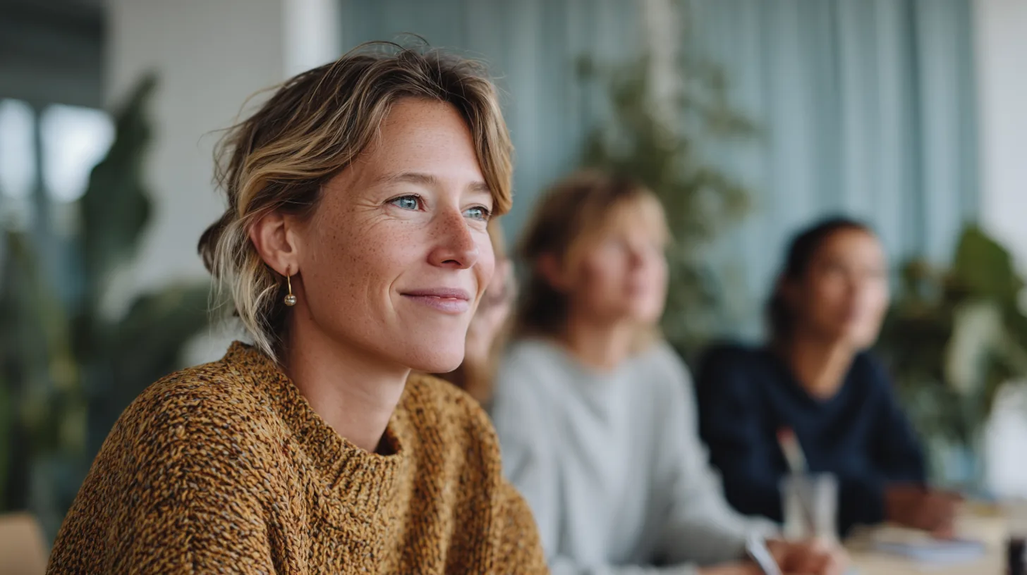 Woman in a mustard knitted jumper smiling in a meeting with colleagues