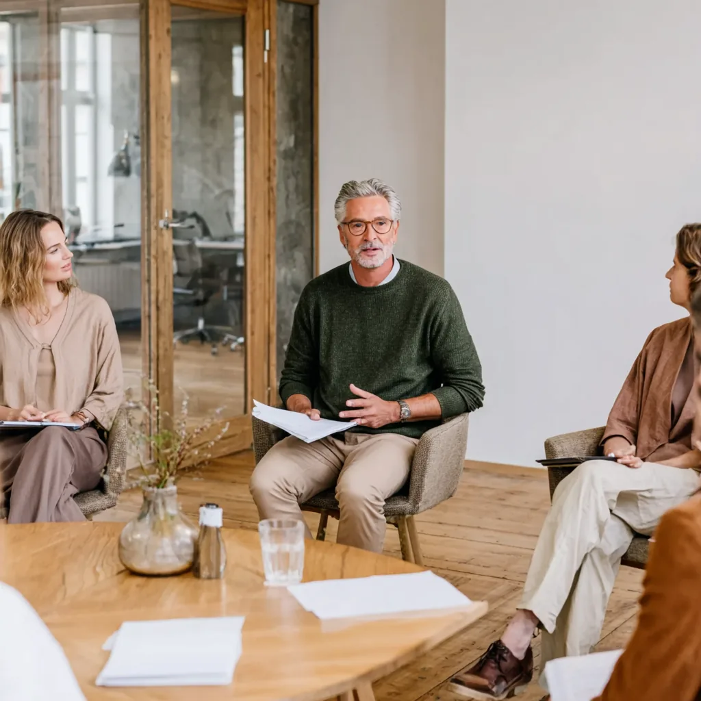 Colleagues in a bright room while a man with a notepad leads the conversation