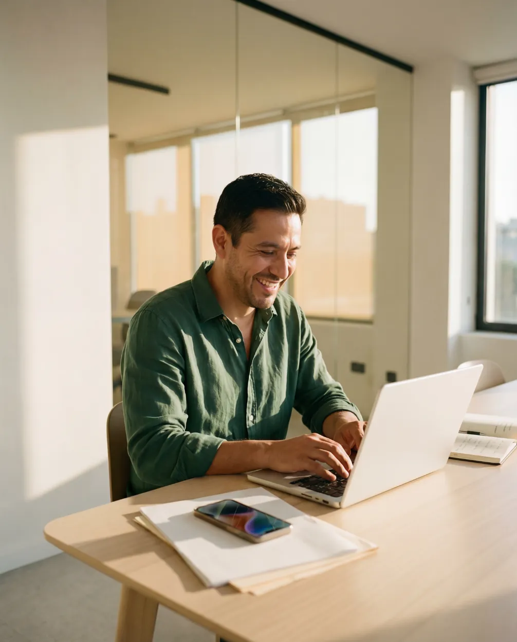 Leende man arbetar vid sin laptop i ett soligt kontor