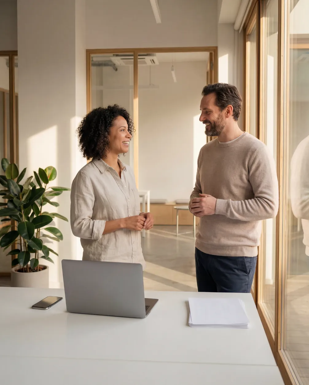 A woman and a man talking by a window in a bright office