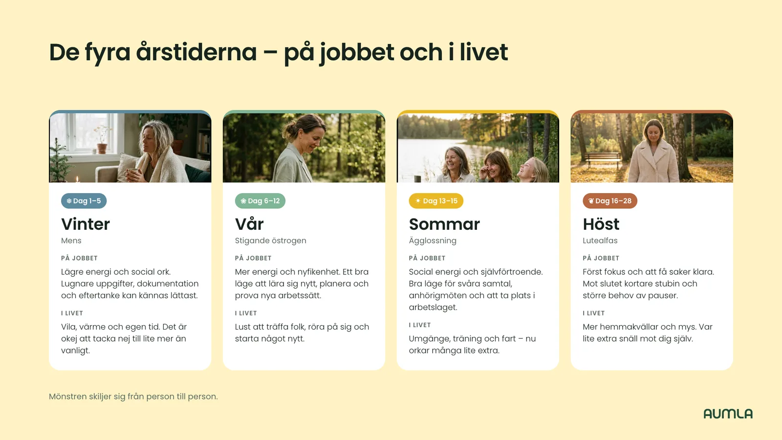 Presentationsbild med de fyra årstiderna och vad varje fas kan betyda på jobbet och i livet